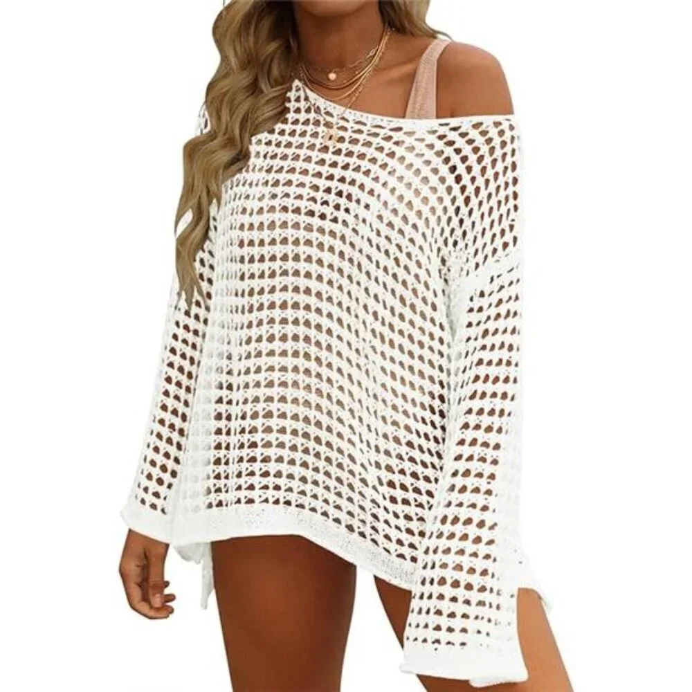 Women's Summer Hollow Out Mesh Beach Bikini Cover Up Tunic Top - Picture 7 of 7